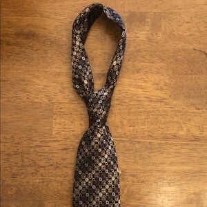 Bill Blass Black and Gold, Silver and Blue Square and Octagon Patterned Tie
